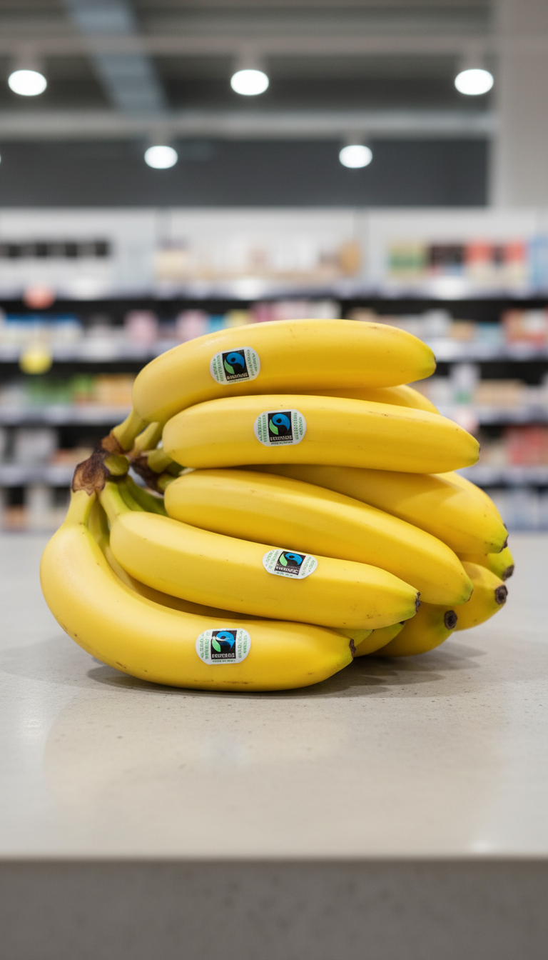 A large, meticulously arranged bunch of Fairtrade-certified bananas with vibrant yellow skins, perfectly unblemished and sporting the distinctive blue and green Fairtrade sticker on each fruit. Resting on a clean, light-grey concrete surface, the background is softly blurred, suggesting a modern retail environment with hints of structured shelving. Diffused daylight from overhead fixtures creates soft, uniform lighting that enhances the bananas’ fresh sheen and subtle textures, casting the barest of shadows for depth. Captured from a centered, slightly elevated angle, the composition is balanced and uncluttered, emphasizing the integrity and appeal of the product. The aesthetic is photographic realism with a corporate, professional mood that conveys trust and quality, aligning with the educational focus on ethical produce.